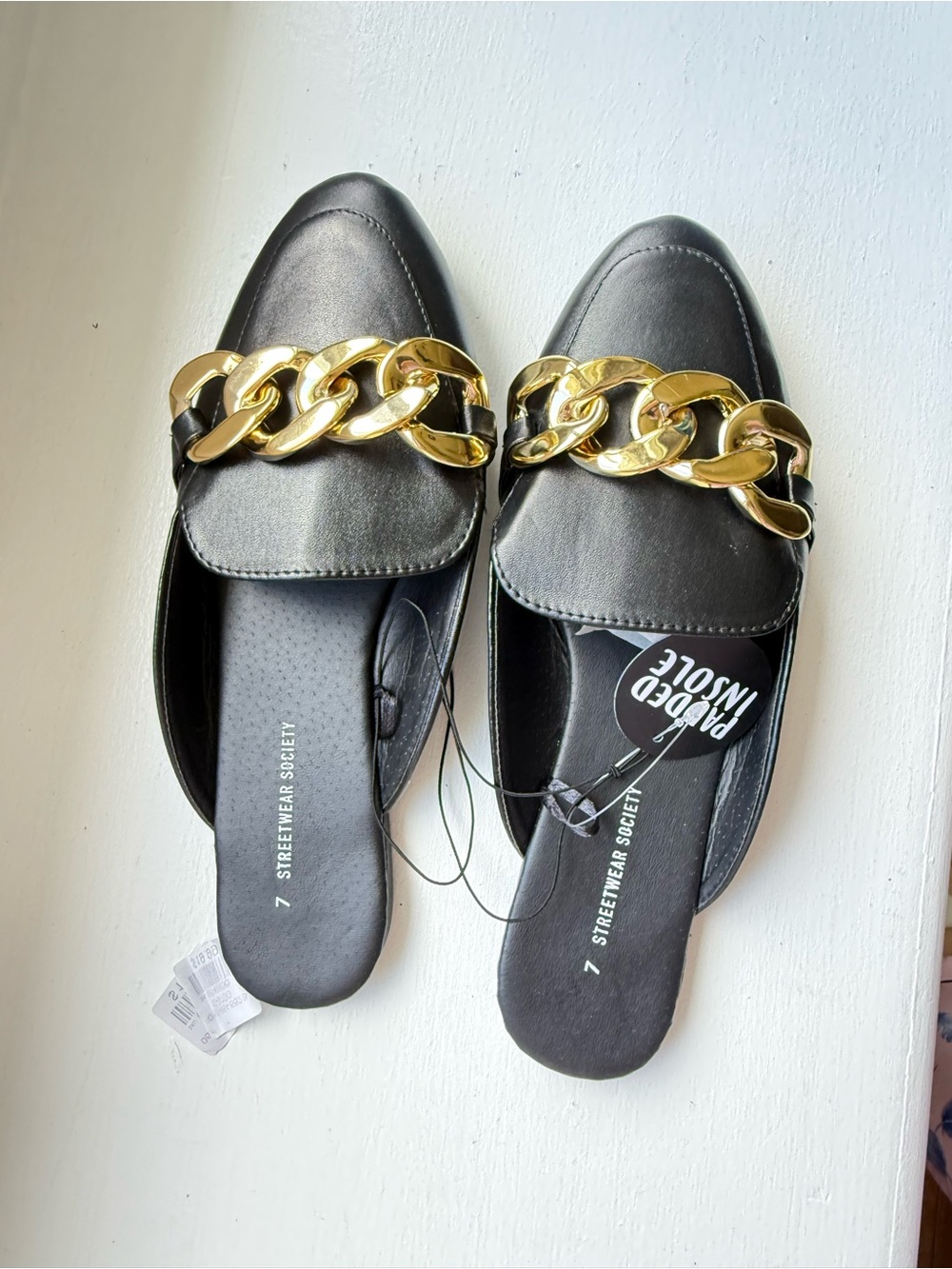 Streetwear Society Black Mule Loafers with Chunky Gold Chain
